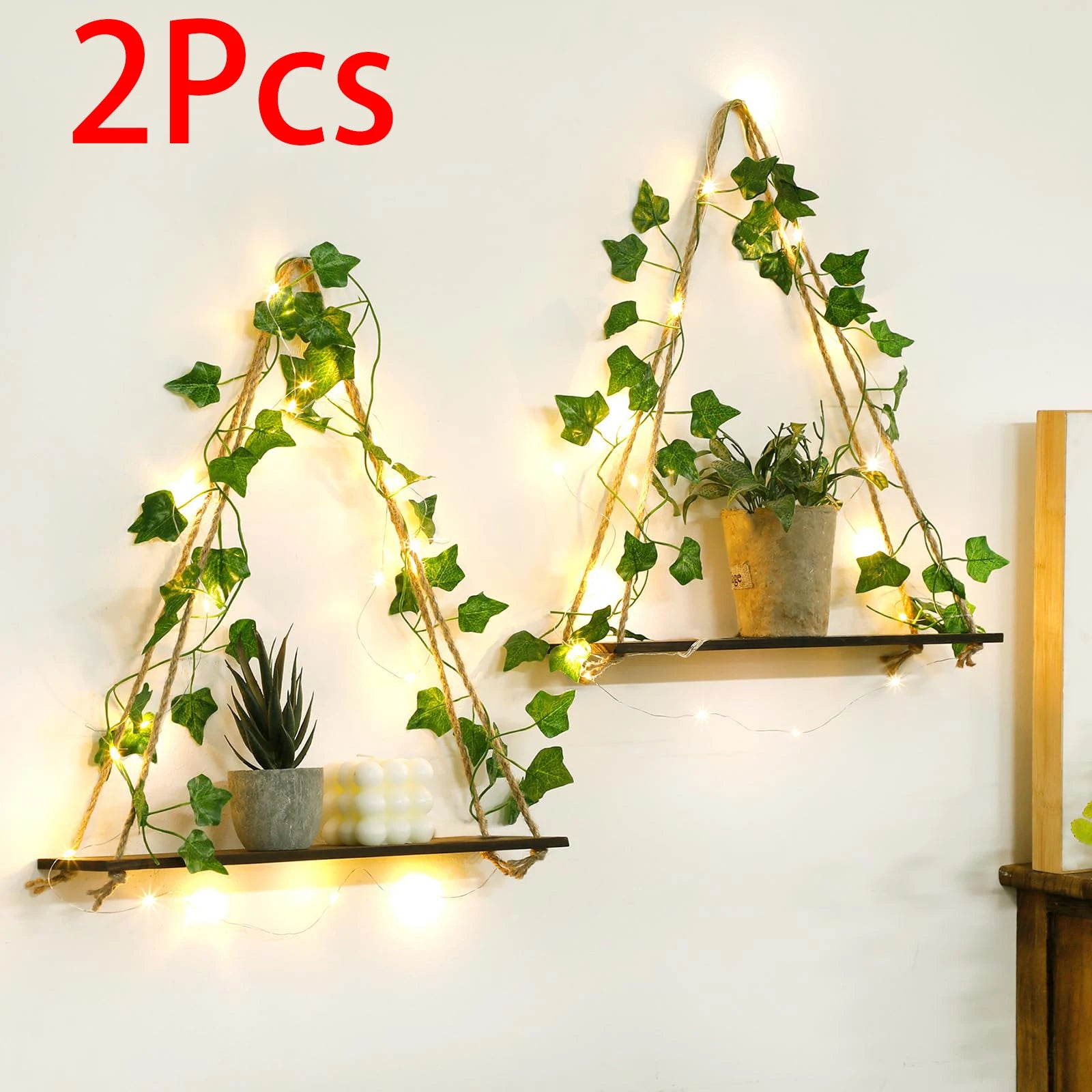 1/2pc Artificial Ivy Led-strip Floating Wall Shelf Boho Home Decoration Nordic Plant Flower Pot Tray Wall Hanging Shelvesgift